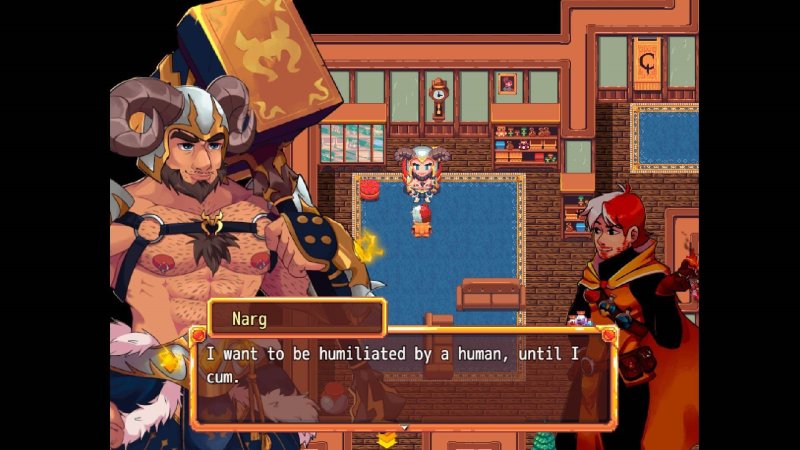 Bara Giants – Society of Pleasure — Pixel-art RPG dialogue scene in a fantasy tavern — Bara Giants game screenshot.