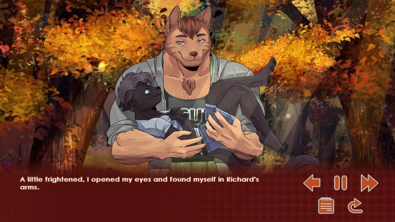 Run, Kitty! Special Edition — Male furry visual-novel character reading outdoors in autumn — Run Kitty Special Edition game screenshot.