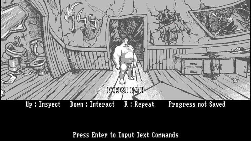 See No Evil — Black-and-white sketch adventure game interior with adult characters — See No Evil game screenshot.