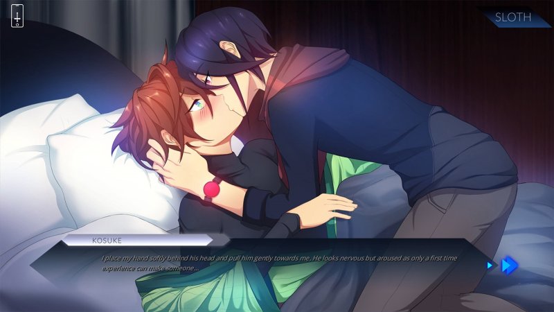 Sinsations — Two illustrated adult men lying closely together in a story scene — Sinsations game screenshot.