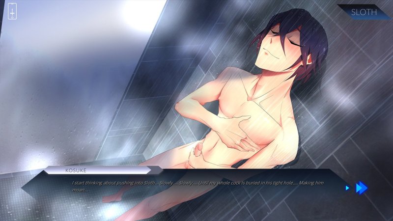 Sinsations — Shirtless male character in a steamy indoor setting — Sinsations game screenshot.